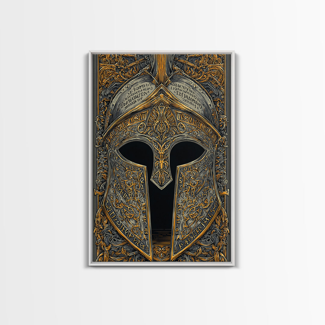 Ornate Spartan Helmet Detail with Inscriptions – Canvas Gold Art for Wall, Classical Armor Canvas Art, Greek Warrior Decor