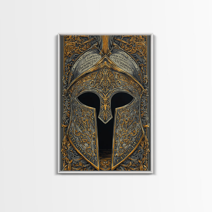 Ornate Spartan Helmet Detail with Inscriptions – Canvas Gold Art for Wall, Classical Armor Canvas Art, Greek Warrior Decor