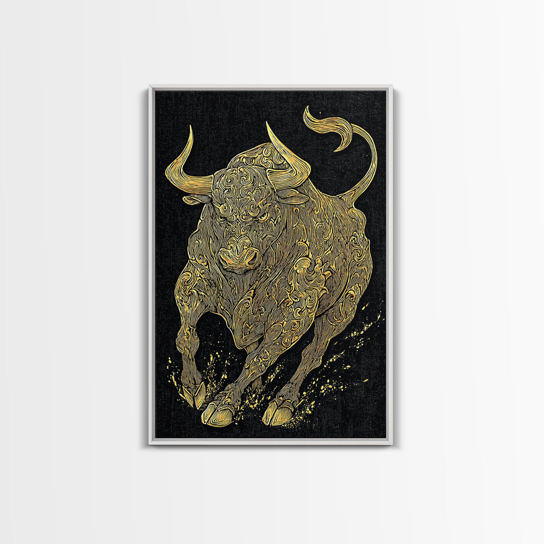 Ornate Bull Canvas Gold Canvas Print, Framed Canvas Wall Art with Real Wood Frame, Decorative Swirl Pattern Animal Gallery Decor