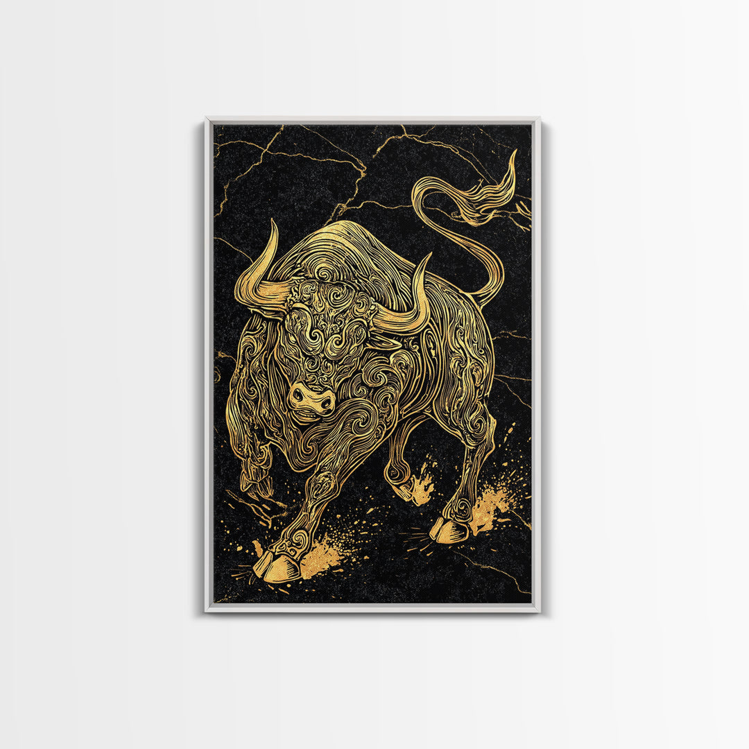 Ornate Bull Canvas Gold Canvas Print, Framed Canvas Wall Art with Real Wood Frame, Black and Gold Animal Decor for Luxury Home