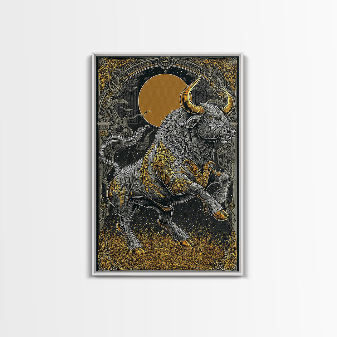 Regal Bull Canvas Gold Canvas Print, Framed Canvas Wall Art with Real Wood Frame, Mythic Black and Gold Zodiac Decor for Gallery