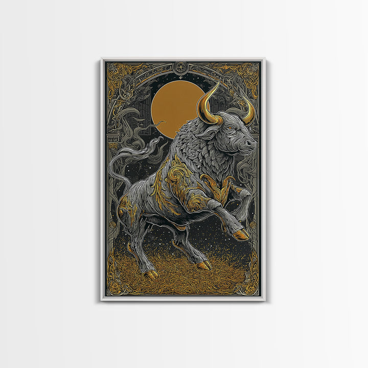 Regal Bull Canvas Gold Canvas Print, Framed Canvas Wall Art with Real Wood Frame, Mythic Black and Gold Zodiac Decor for Gallery