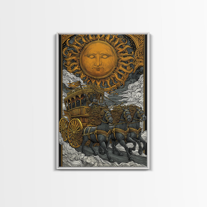 Sun Chariot Canvas Gold Canvas Print, Framed Canvas Wall Art with Real Wood Frame, Greek Myth Apollo Horses Statement Decor