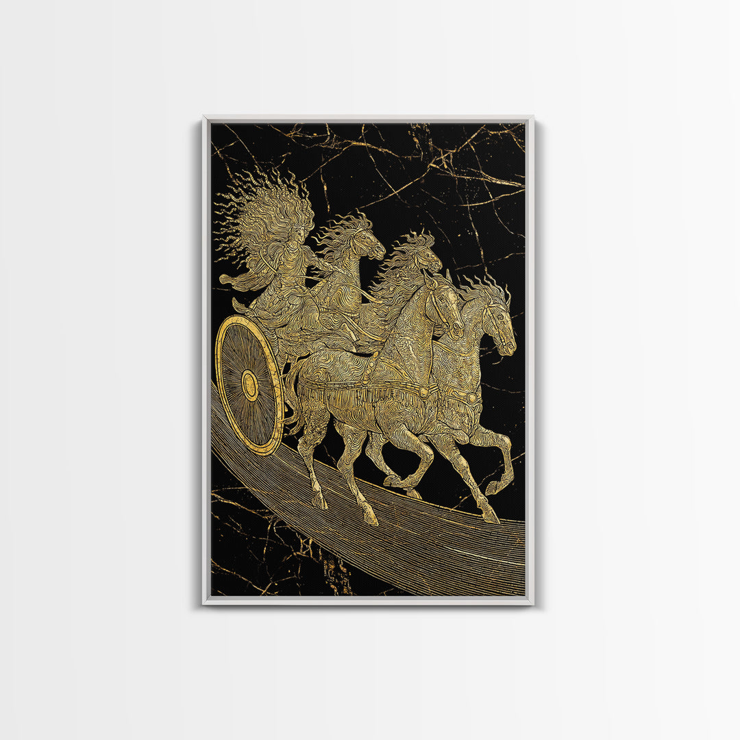 Golden Chariot Canvas Gold Art, Framed Canvas Wall Art with Real Wood Frame, Classical Black and Gold Greek Myth Horse Decor
