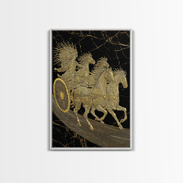 Golden Chariot Canvas Gold Art, Framed Canvas Wall Art with Real Wood Frame, Classical Black and Gold Greek Myth Horse Decor