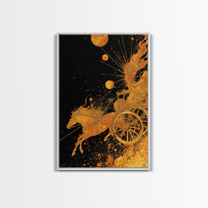 Celestial Chariot Canvas Gold Art, Framed Canvas Wall Art with Real Wood Frame, Radiant Greek Myth Sun and Horse Wall Decor