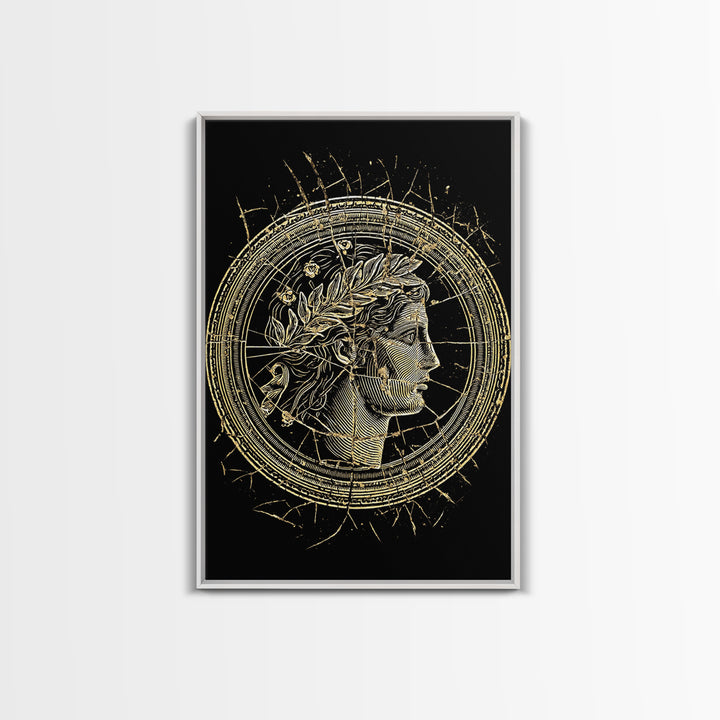 Greek Coin Profile Canvas Gold Canvas Print, Framed Canvas Wall Art with Real Wood Frame, Black and Gold Classical Portrait Decor
