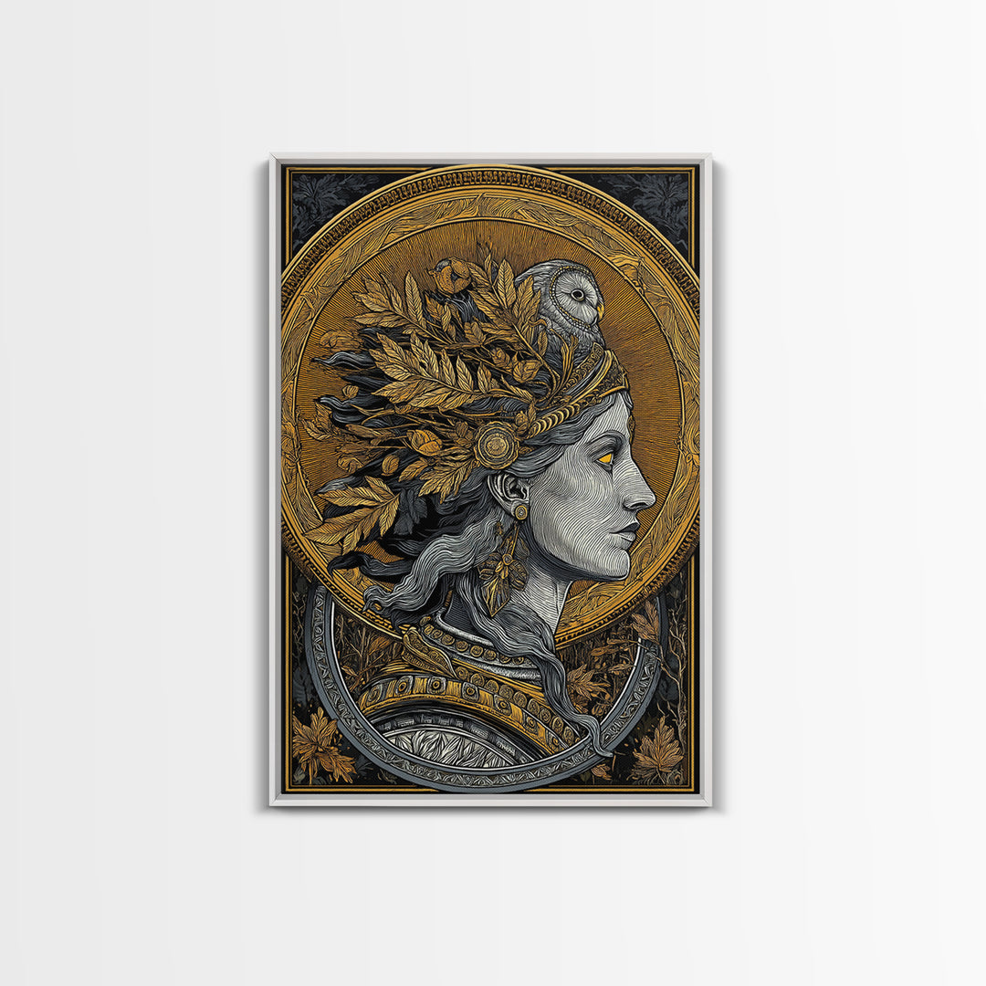 Athena Portrait Canvas Gold Canvas Print, Framed Canvas Wall Art with Real Wood Frame, Greek Goddess with Owl Luxury Home Decor