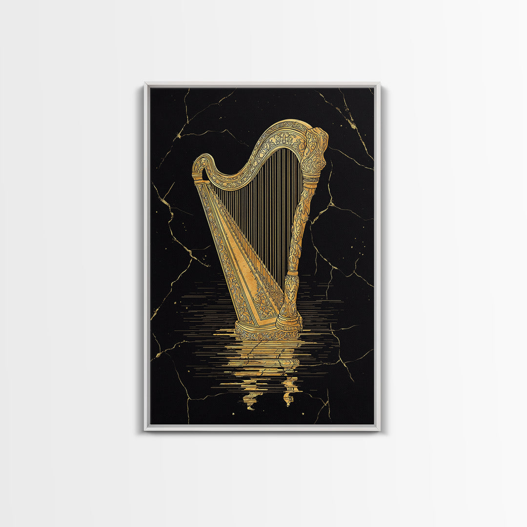 Golden Harp Canvas Gold Canvas Print, Framed Canvas Wall Art with Real Wood Frame, Black and Gold Classical Instrument Decor