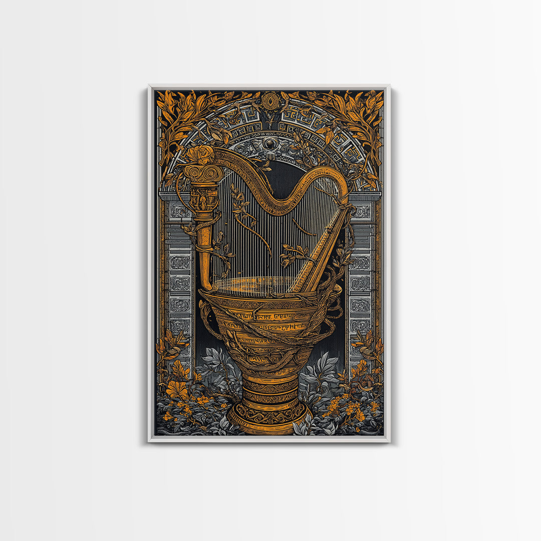 Ornate Harp Canvas Gold Art, Framed Canvas Wall Art with Real Wood Frame, Black and Gold Botanical Classical Music Wall Decor