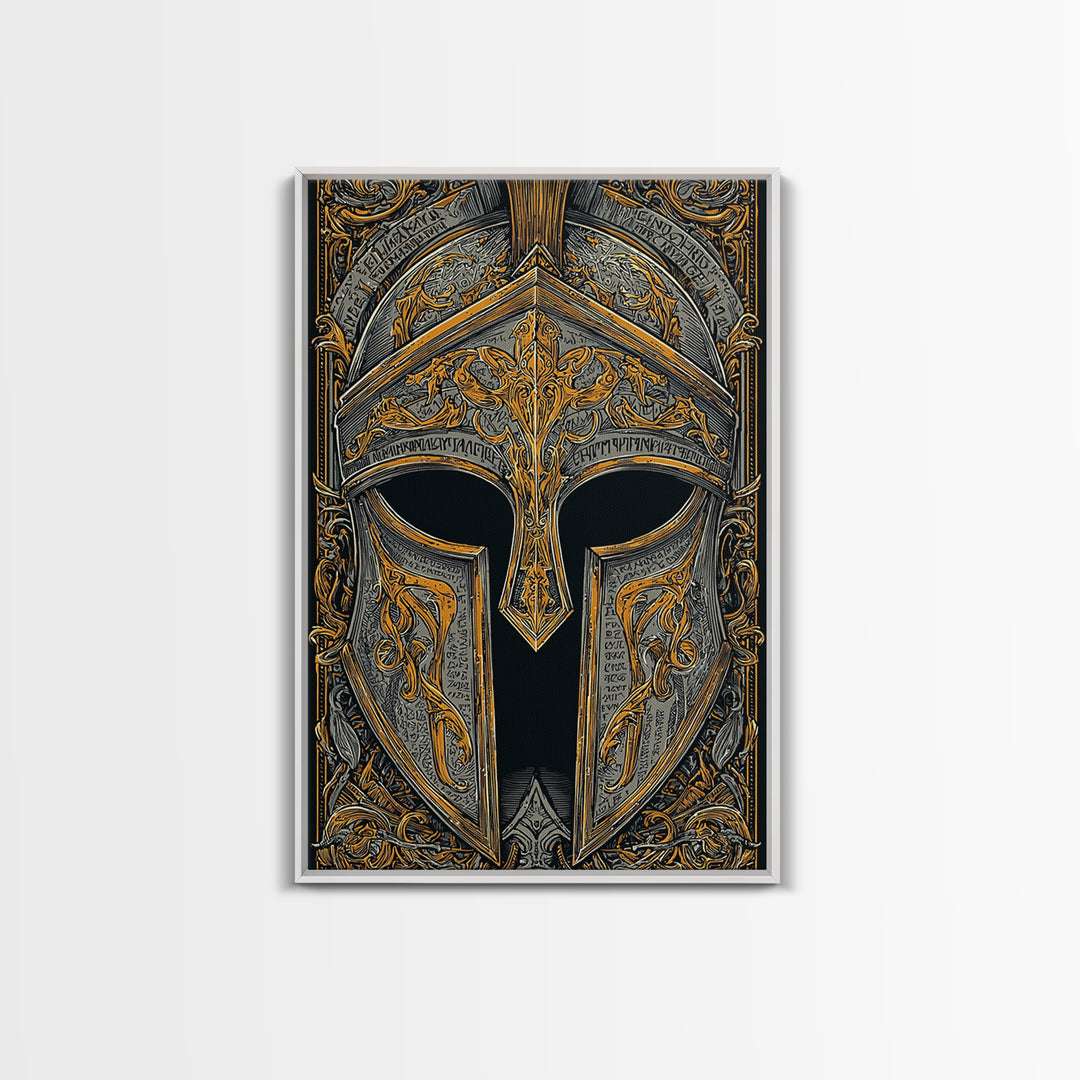 Floral-Engraved Spartan Helmet in Gold – Canvas Gold Art, Antique Armor Canvas Art, Greek Warrior Wall Sculpture Print