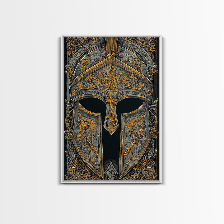 Floral-Engraved Spartan Helmet in Gold – Canvas Gold Art, Antique Armor Canvas Art, Greek Warrior Wall Sculpture Print