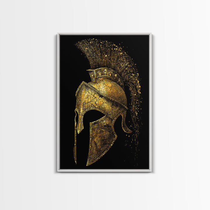 Spartan Helmet Canvas Gold Canvas Print, Framed Canvas Wall Art with Real Wood Frame, Black and Gold Greek Warrior Decor