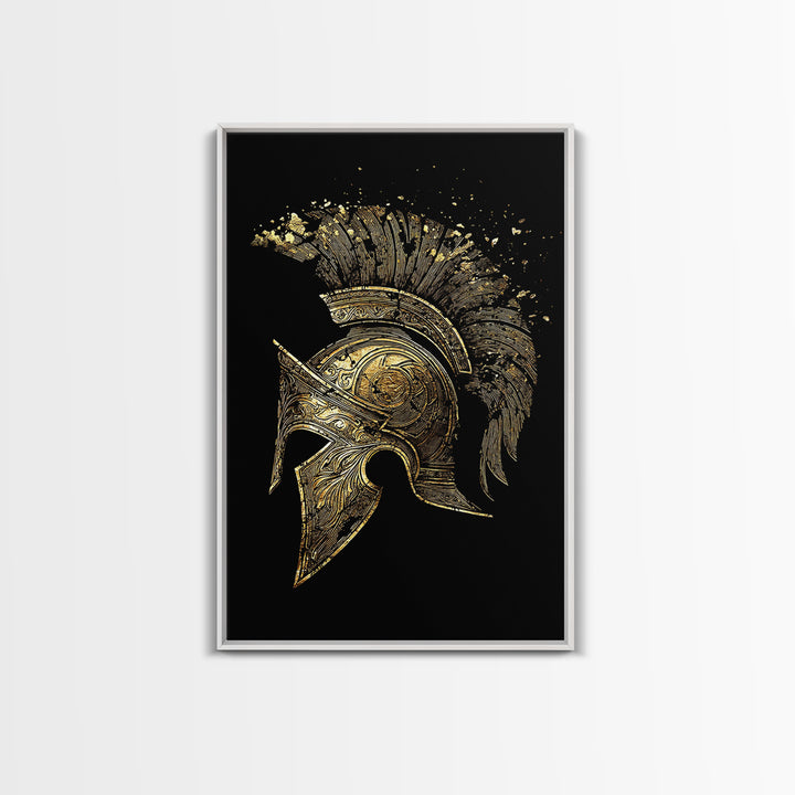 Spartan Helmet Canvas Gold Canvas Print – Ancient Warrior Art on Premium Canvas with Real Wood Frame – Greek History Wall Decor