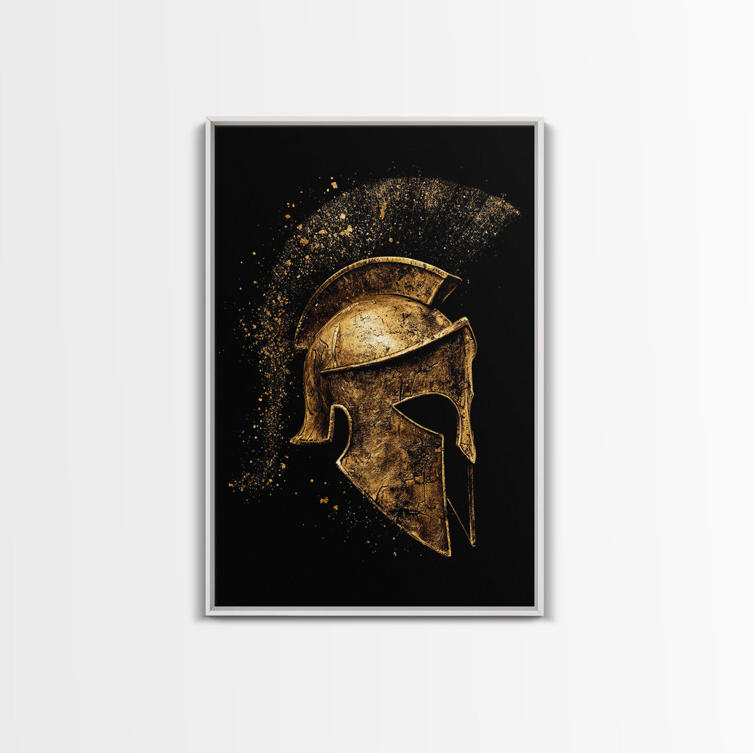 Greek Warrior Helmet Canvas Gold Canvas Print – Ancient Sparta Wall Art with Real Wood Frame – Bold Historical Home Decor