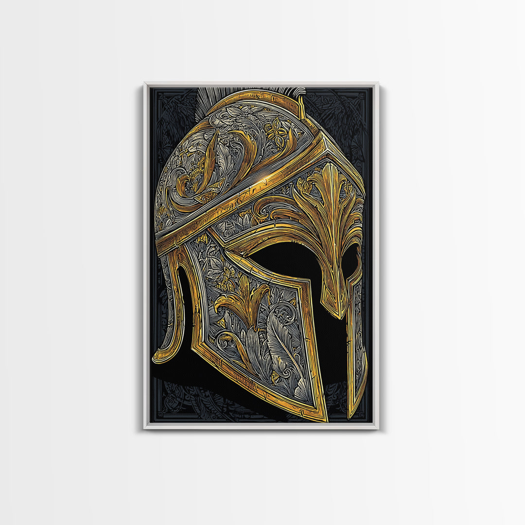 Ornate Spartan Helmet Canvas Gold Art – Intricate Ancient Warrior Wall Print on Canvas with Real Wood Frame – Greek Decor