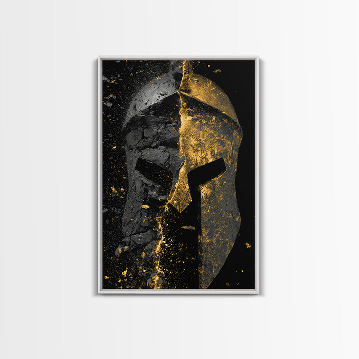 Shattered Spartan Helmet Canvas Gold Canvas Print – Half Black Rock Half Gold Warrior Art – Real Wood Frame Home Wall Decor
