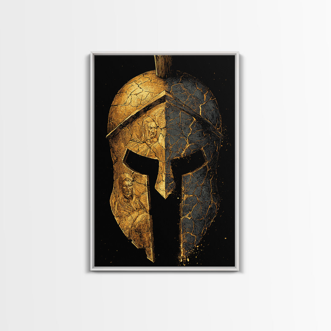 Cracked Warrior Helmet Canvas Gold Art – Ancient Greek Sparta Wall Canvas Print with Real Wood Frame – Bold Home Decor