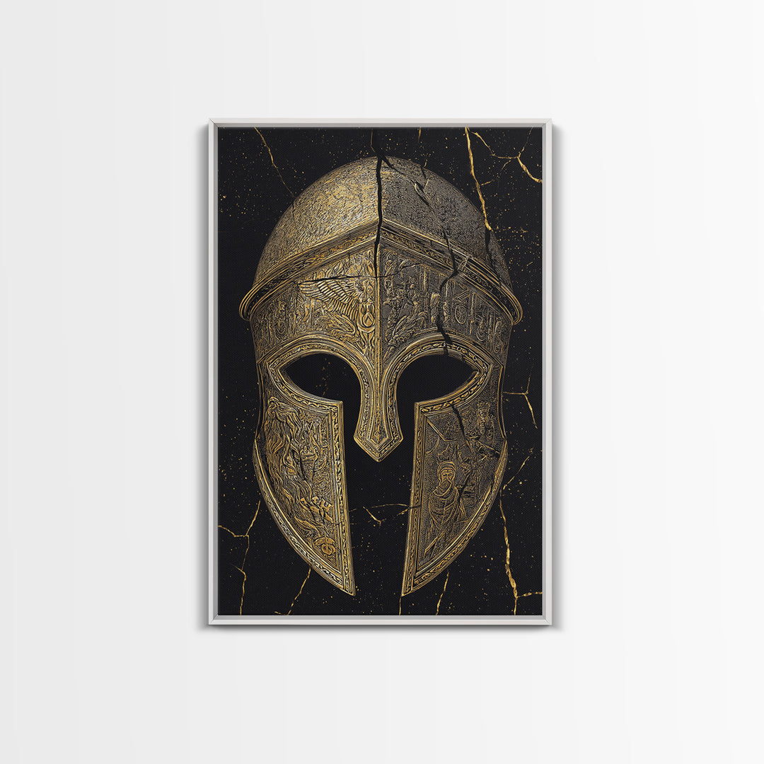 Detailed Spartan Helmet Canvas Gold Canvas Print – Engraved Greek History Art with Real Wood Frame – Warrior Wall Decor