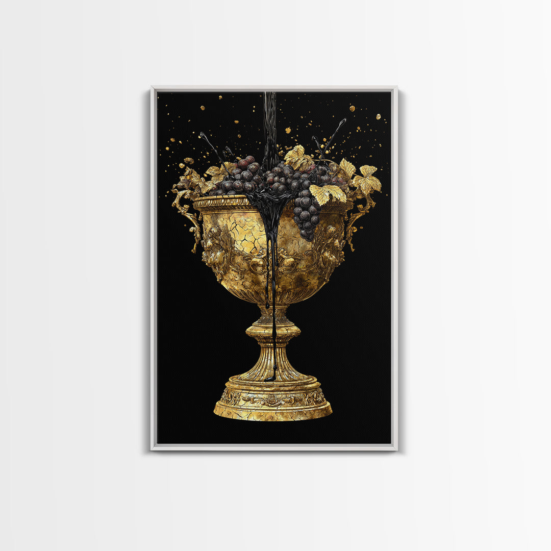 Luxurious Golden Chalice Canvas Gold Canvas Print – Grapes & Wine Still Life Wall Art with Real Wood Frame – Elegant Kitchen Decor