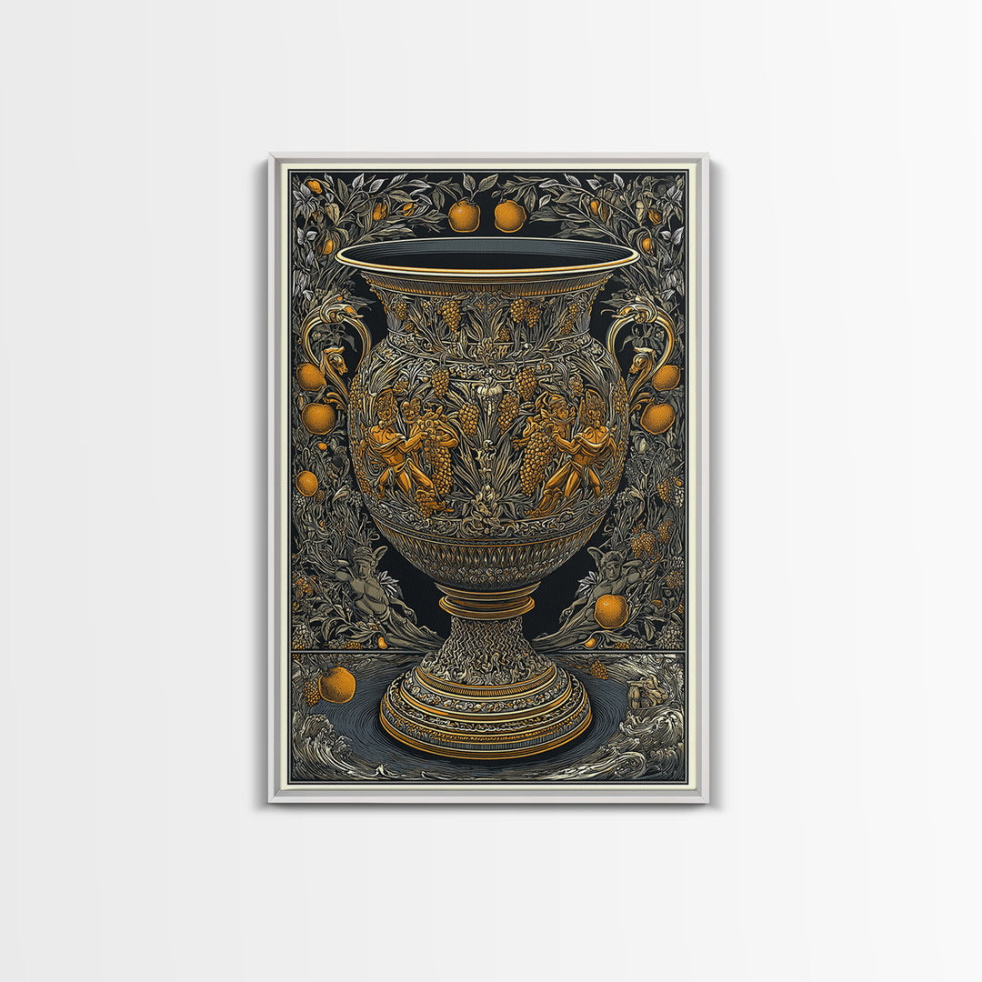 Ornate Golden Vase Canvas Gold Art – Greek Mythology & Nature Scene Wall Canvas Print with Real Wood Frame – Classic Decor