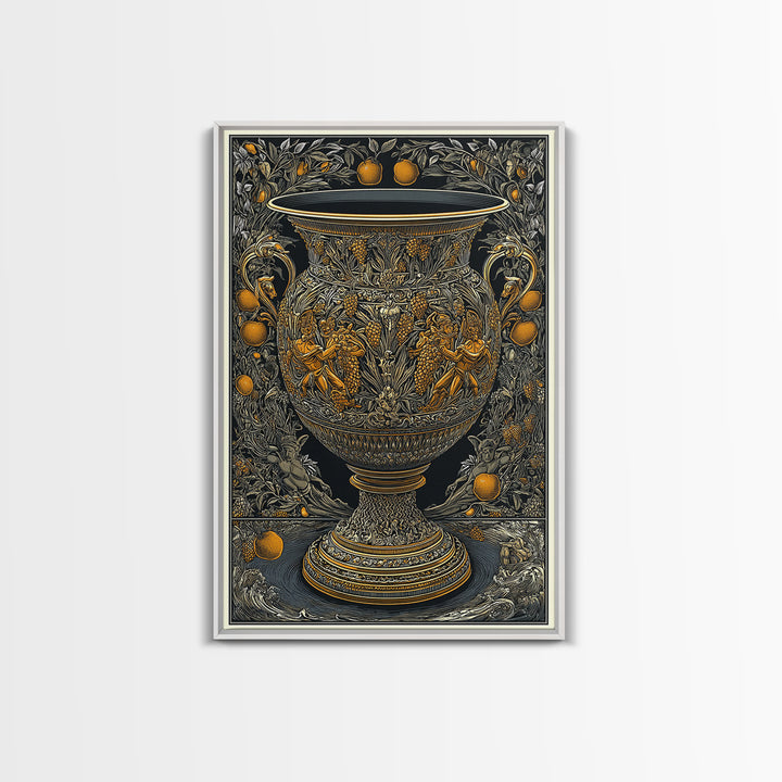 Ornate Golden Vase Canvas Gold Art – Greek Mythology & Nature Scene Wall Canvas Print with Real Wood Frame – Classic Decor