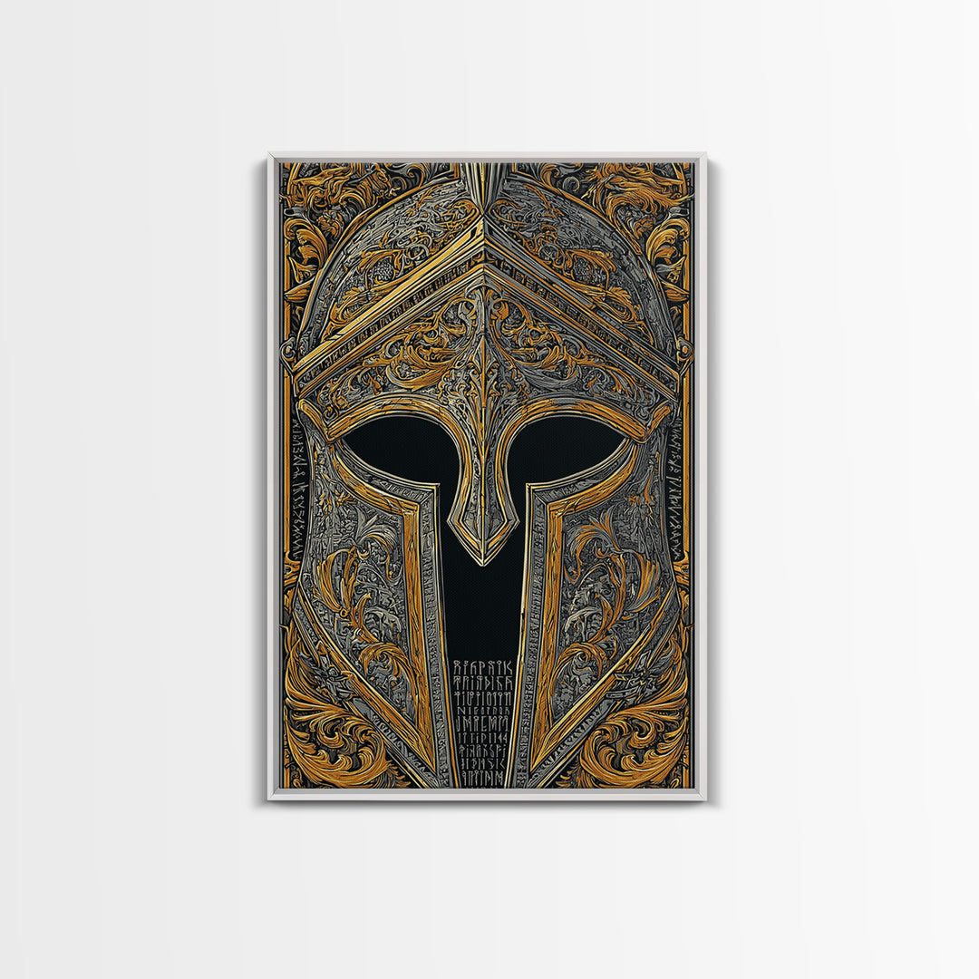 Runic Spartan Helmet with Ornate Gold Carving – Canvas Gold Art, Intricate Ancient Helmet Canvas Art, Mythic Warrior Decor