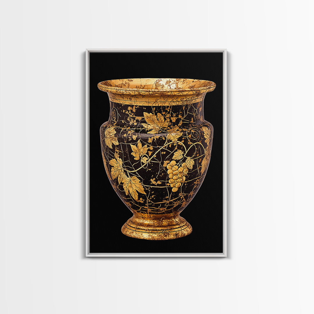 Black & Gold Grape Vase Canvas Gold Canvas Print – Elegant Vine & Wine Themed Wall Art with Real Wood Frame – Modern Classic Decor
