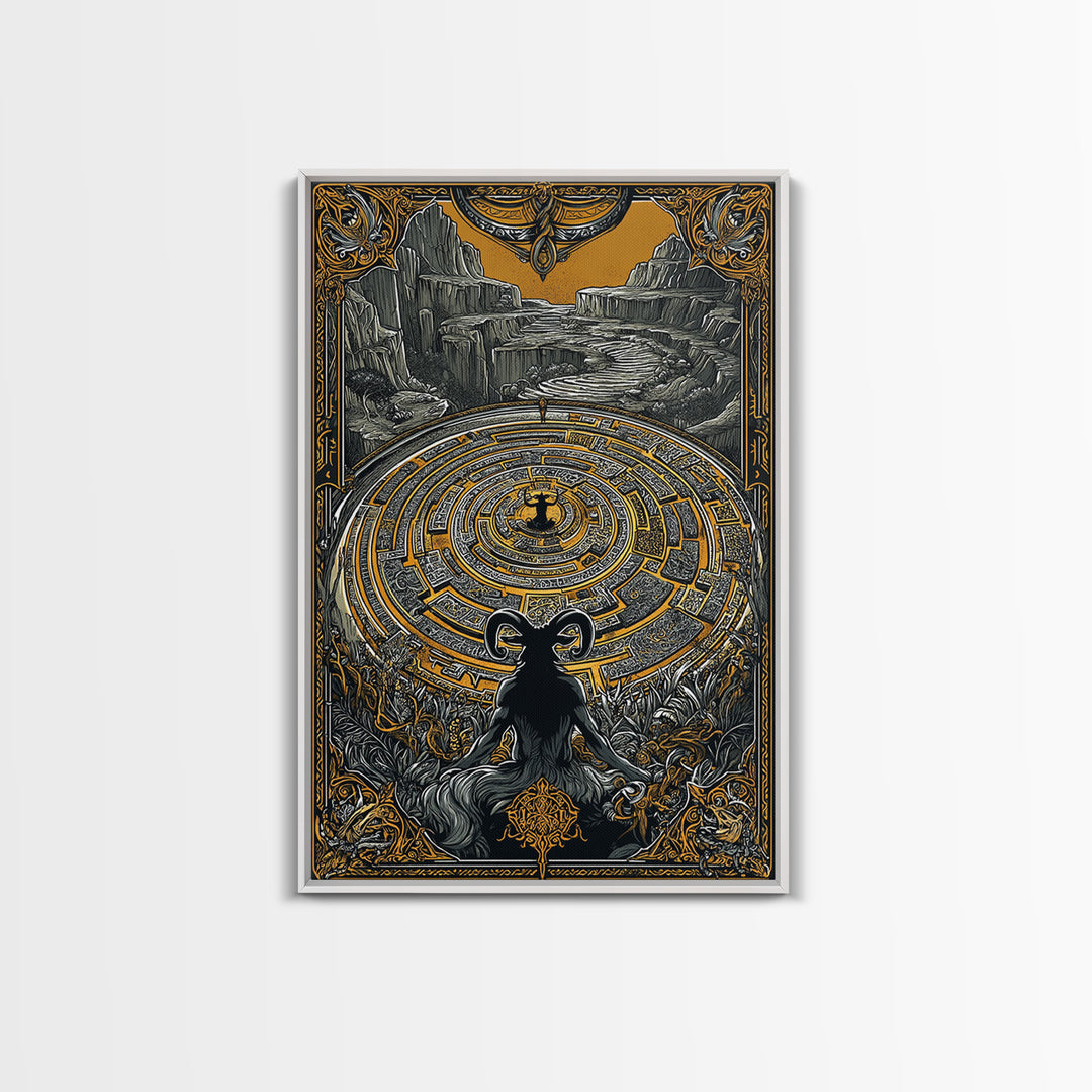 Labyrinth Minotaur Fantasy Scene Canvas Gold Canvas Print with Real Wood Frame – Mythology Inspired Wall Art