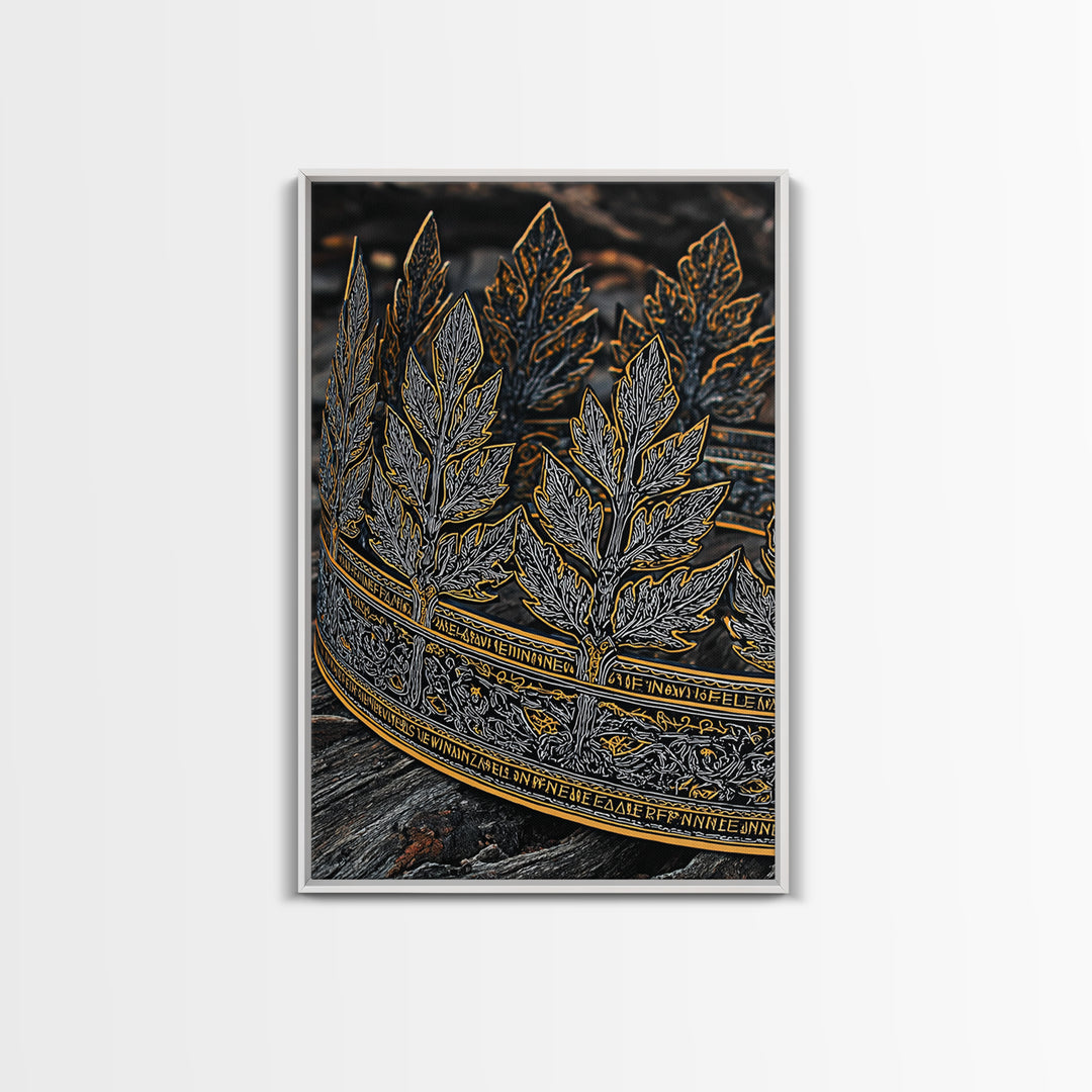 Laurel Leaf Crown Canvas Gold Art Print with Real Wood Frame – Regal Nature-Inspired Decorative Wall Piece