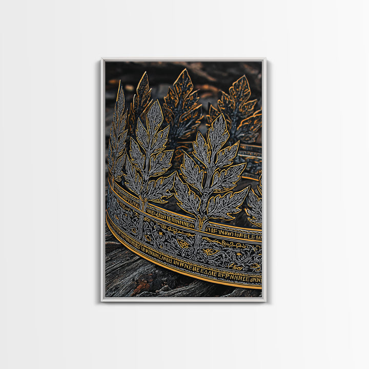 Laurel Leaf Crown Canvas Gold Art Print with Real Wood Frame – Regal Nature-Inspired Decorative Wall Piece