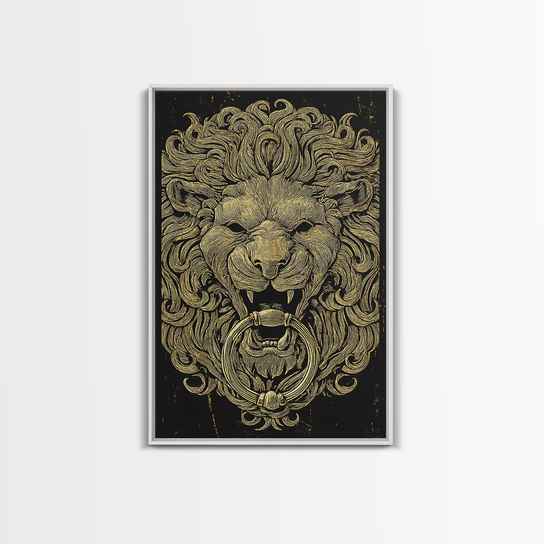 Vintage Lion Head Door Knocker Canvas Gold Canvas Print with Real Wood Frame – Bold Statement Wall Art