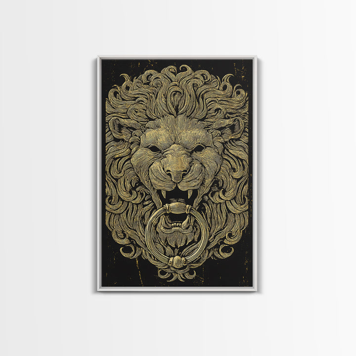 Vintage Lion Head Door Knocker Canvas Gold Canvas Print with Real Wood Frame – Bold Statement Wall Art
