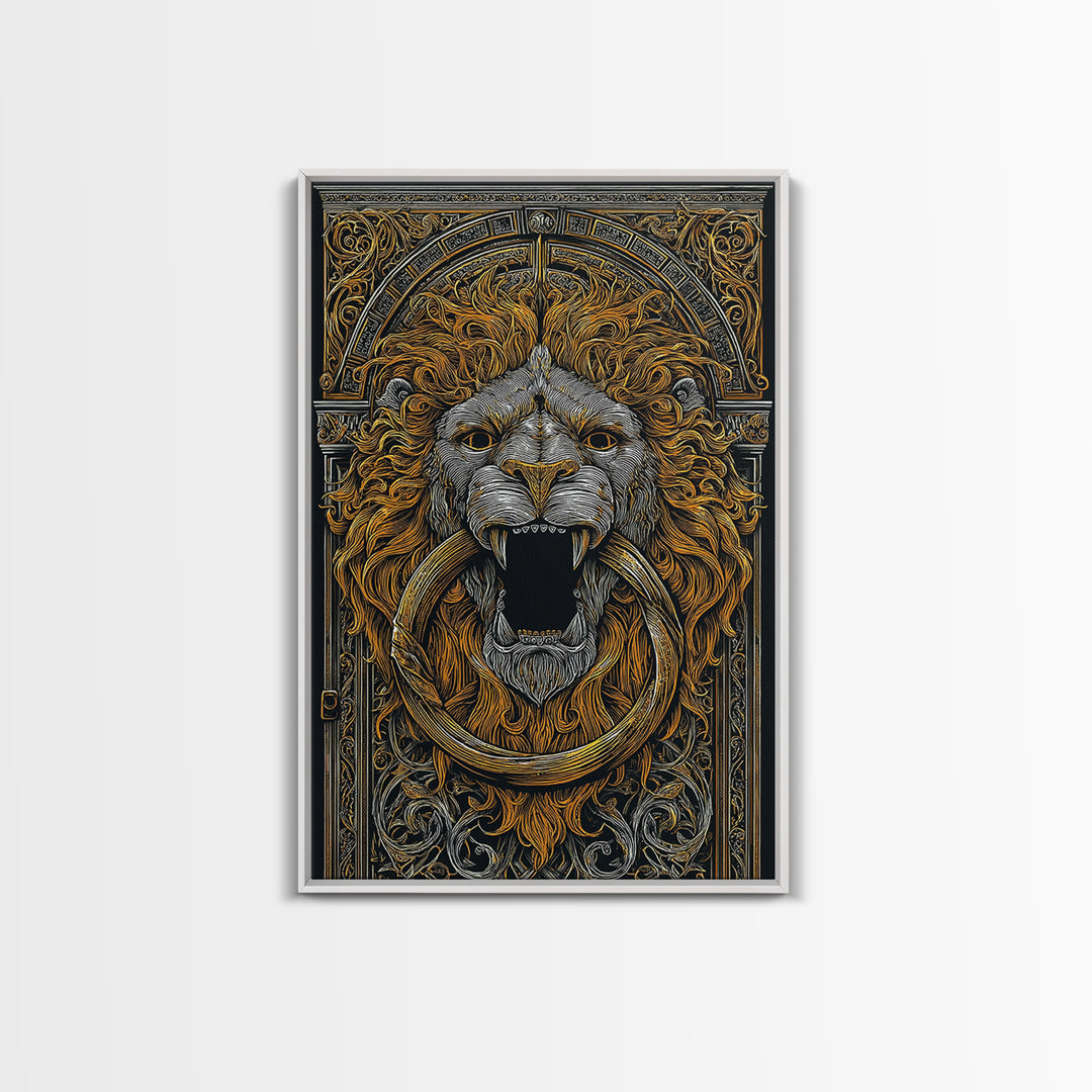 Ornate Lion Door Knocker Canvas Gold Canvas Print with Real Wood Frame – Luxury Victorian Style Wall Decor