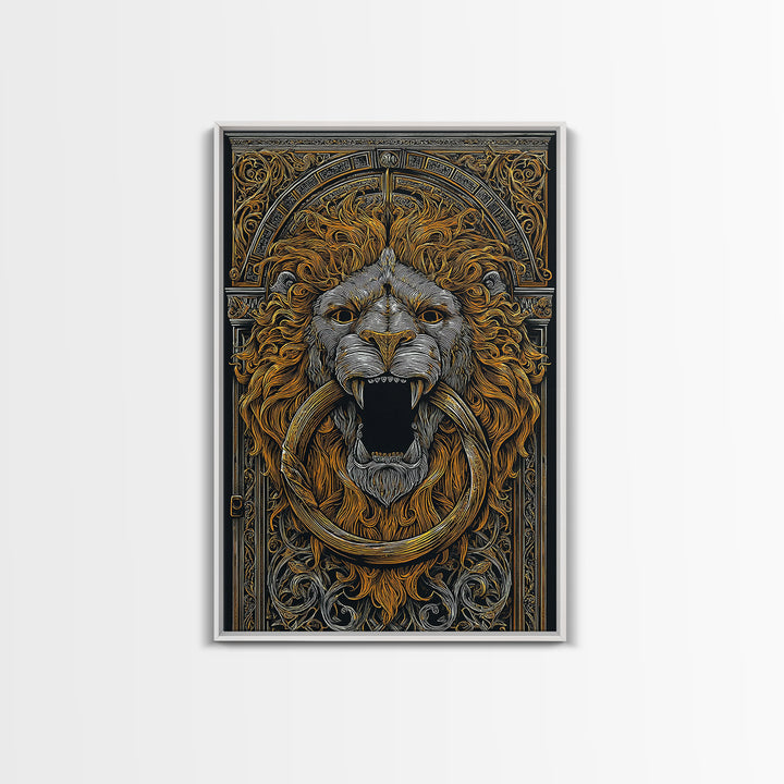 Ornate Lion Door Knocker Canvas Gold Canvas Print with Real Wood Frame – Luxury Victorian Style Wall Decor