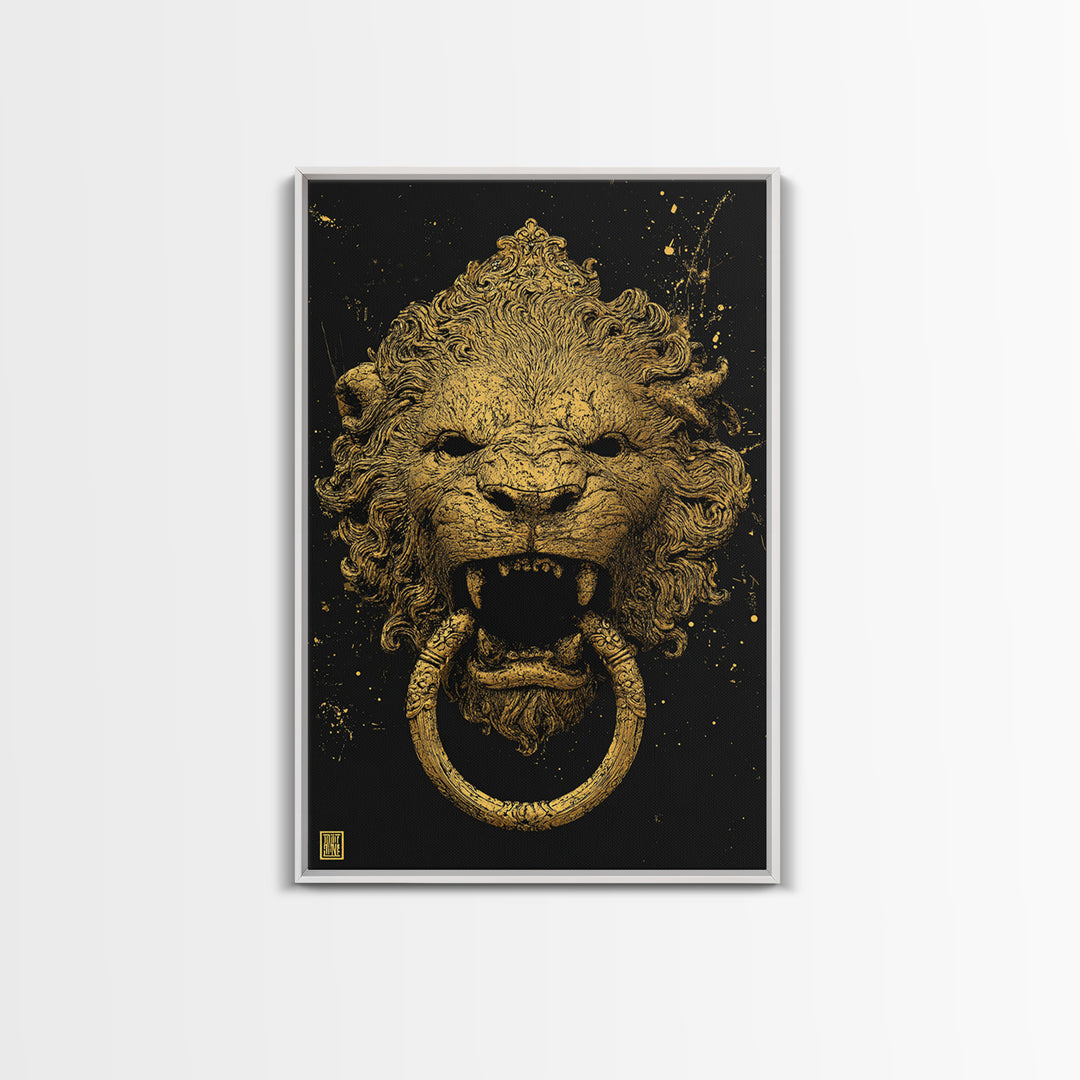 Aged Lion Door Knocker Canvas Gold Art Print with Real Wood Frame – Rustic Antique-Inspired Home Wall Art