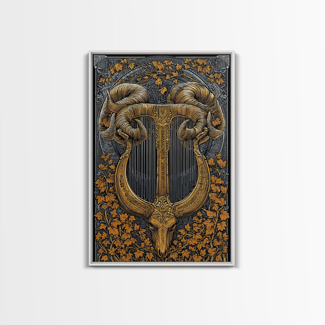 Ram Horn Lyre Canvas Gold Canvas Print with Real Wood Frame – Mythic Musical Instrument Wall Decor