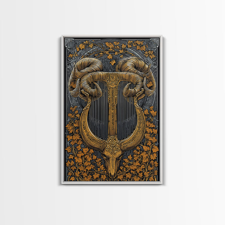 Ram Horn Lyre Canvas Gold Canvas Print with Real Wood Frame – Mythic Musical Instrument Wall Decor