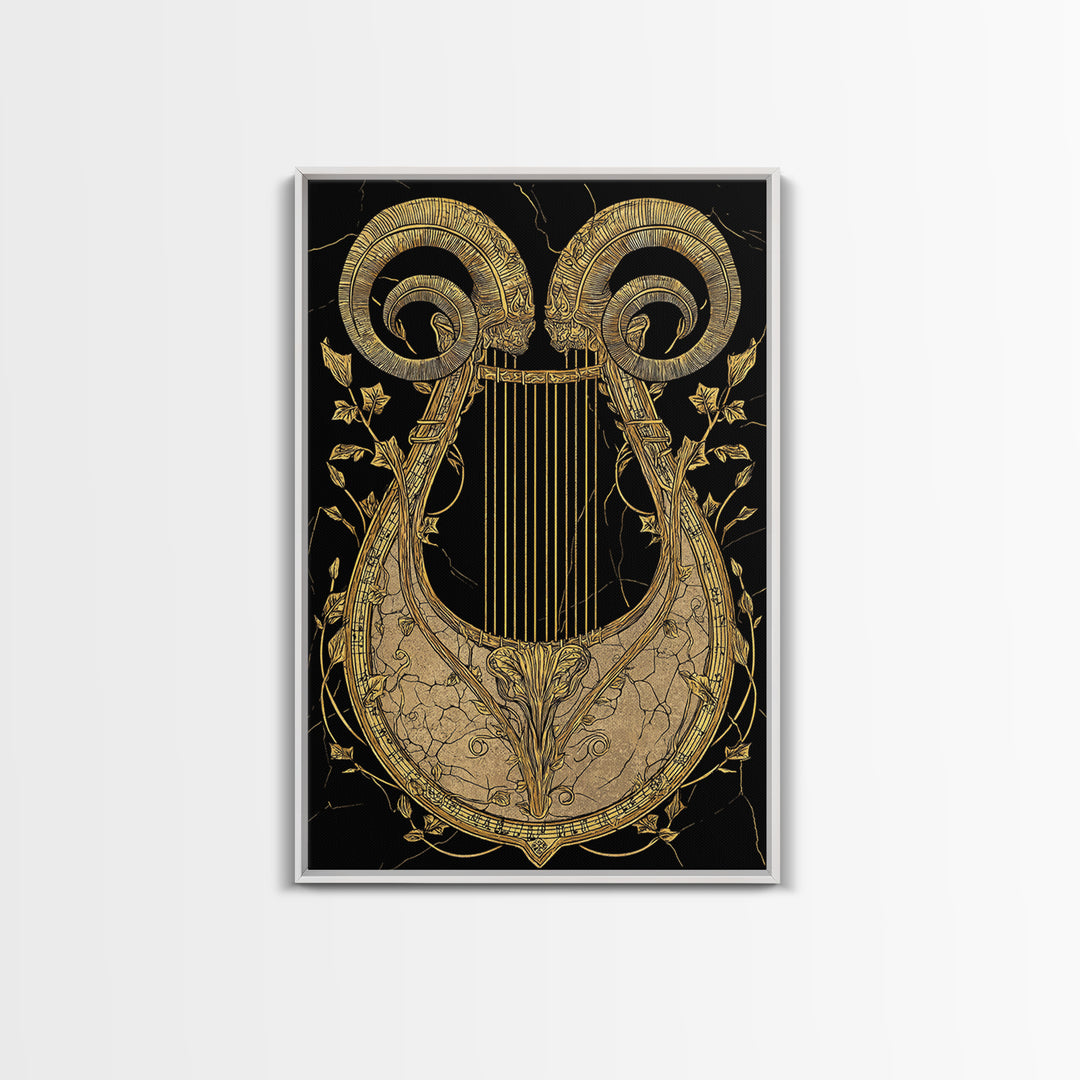 Ancient Ram Horn Lyre Canvas Gold Art Print with Real Wood Frame – Classical Mythology Inspired Wall Art