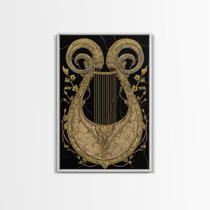 Ancient Ram Horn Lyre Canvas Gold Art Print with Real Wood Frame – Classical Mythology Inspired Wall Art