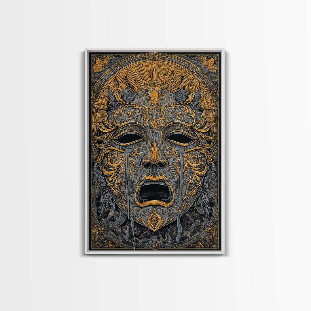 Crying Ornate Mask Canvas Gold Canvas Print with Real Wood Frame – Dramatic Theatrical Inspired Wall Art