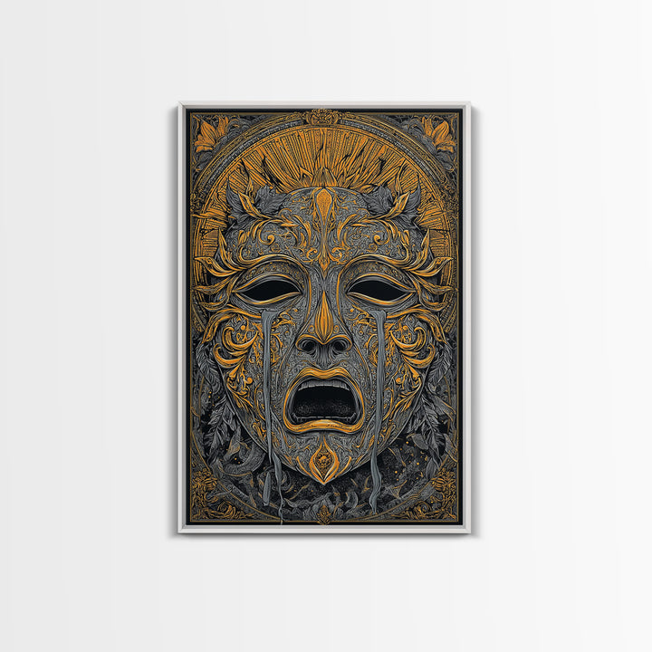 Crying Ornate Mask Canvas Gold Canvas Print with Real Wood Frame – Dramatic Theatrical Inspired Wall Art