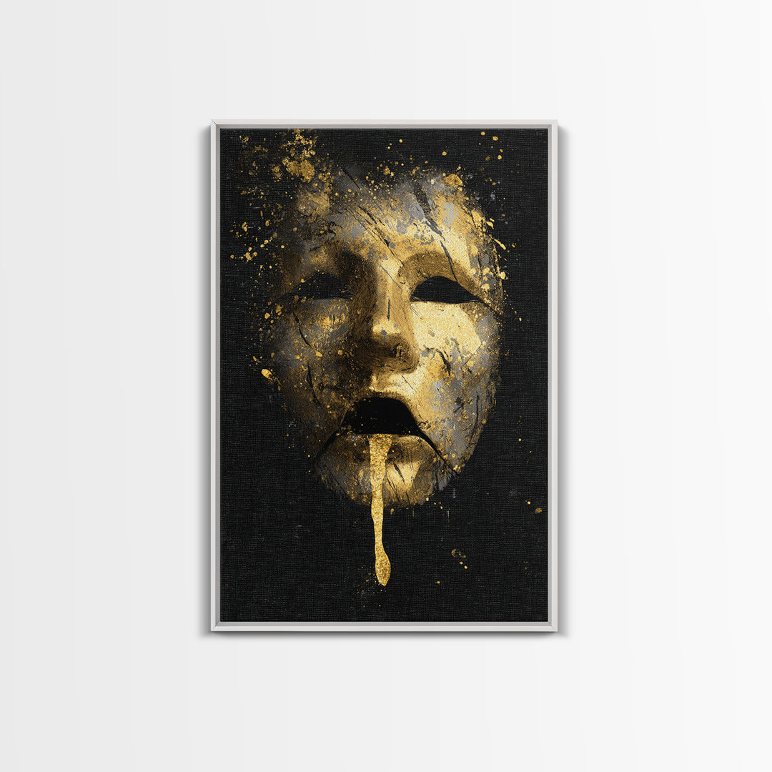 Abstract Gold-Drip Mask Canvas Gold Art Print with Real Wood Frame – Modern Surreal Face Wall Decor