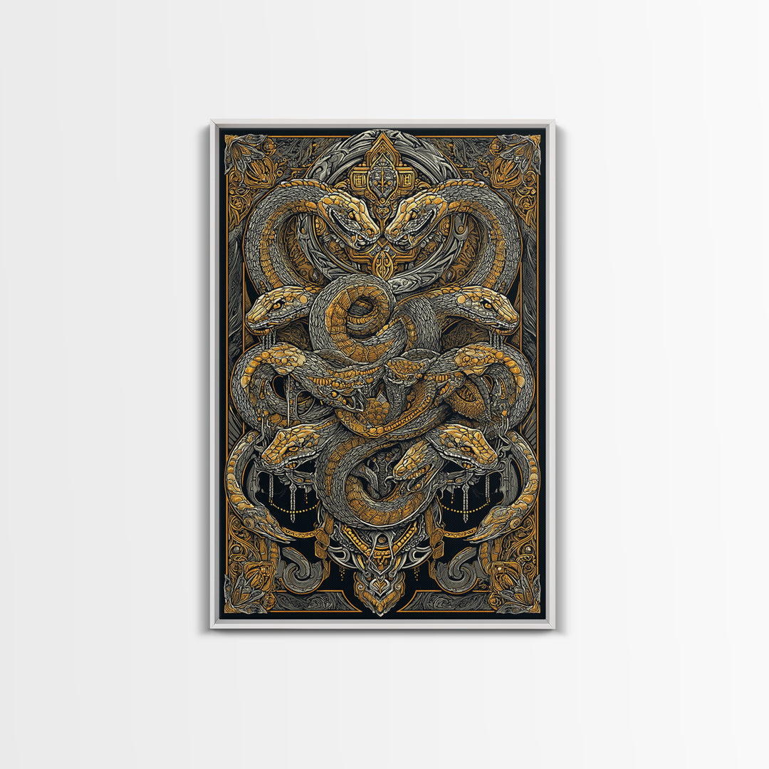 The Serpent Conclave – A Tangled Reign of Golden Scales, Canvas Art, Canvas Gold Print, Canvas Wall Art, Man Cave Decor