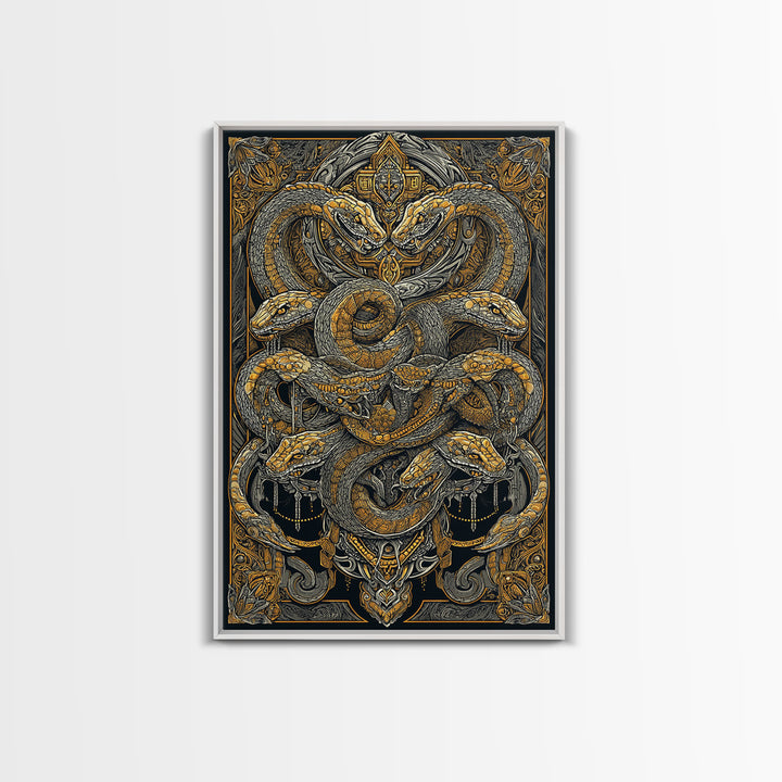 The Serpent Conclave – A Tangled Reign of Golden Scales, Canvas Art, Canvas Gold Print, Canvas Wall Art, Man Cave Decor