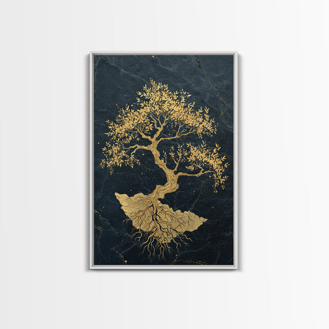 The Gilded Bonsai – Roots Anchored in Stone and Time, Canvas Art, Canvas Gold Print, Canvas Wall Art, Man Cave Decor