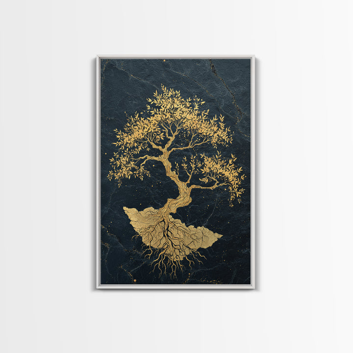 The Gilded Bonsai – Roots Anchored in Stone and Time, Canvas Art, Canvas Gold Print, Canvas Wall Art, Man Cave Decor