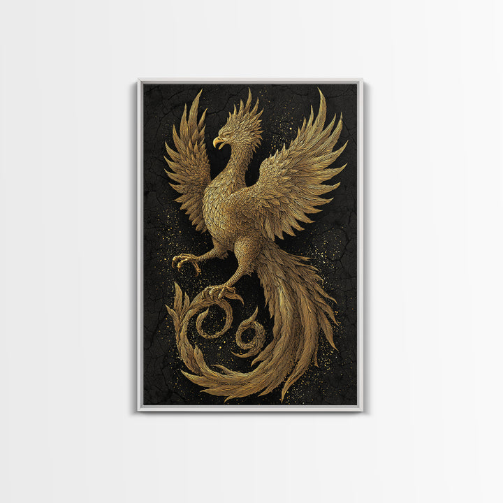 Golden Phoenix in Flight – A Herald of Renewal, Canvas Art, Canvas Gold Print, Canvas Wall Art, Man Cave Decor