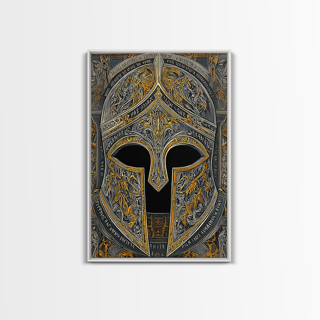 Fiery Engraved Spartan Helmet Wall Print – Canvas Gold Art, Lavish Historical Helmet Canvas Art, Classic War Decor
