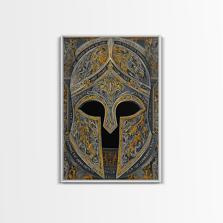 Fiery Engraved Spartan Helmet Wall Print – Canvas Gold Art, Lavish Historical Helmet Canvas Art, Classic War Decor